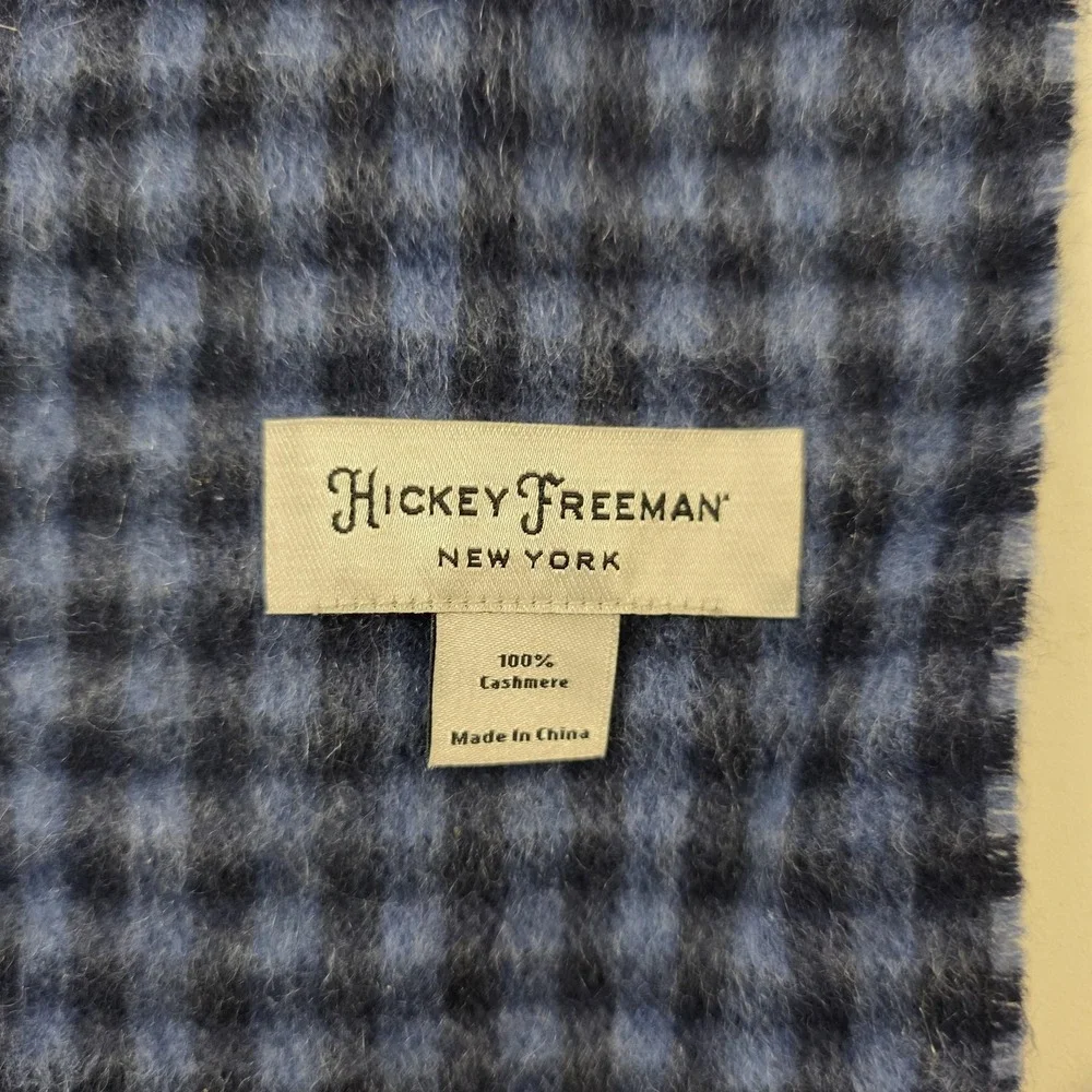 Hickey Freeman Scarf Mens Blue Plaid 100% Cashmere Fringe Winter Warm Soft